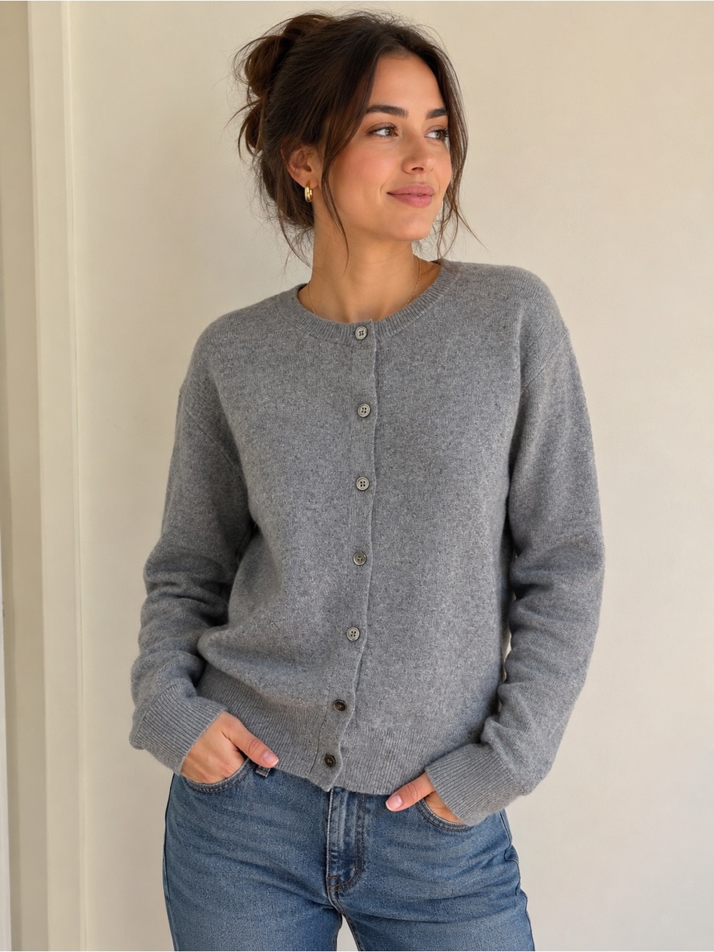 Everyday Crewneck Button-Front Cardigan in Gray